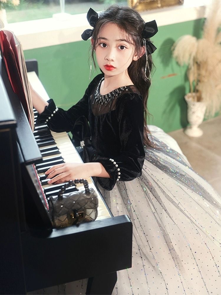 Arabic Crystals Wer Girl Long Sleeve Child Pageant Dresses New Beautiful Little Kids Black Shiny Ball Gown Formal Party Bridesmaid Dress 403 6660311