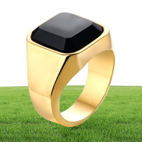 Dignified Black Carnelian Stainless Steel Golden Square Signet Ring for Men Pinky Rings Male Wealth and Rich Status Jewelry