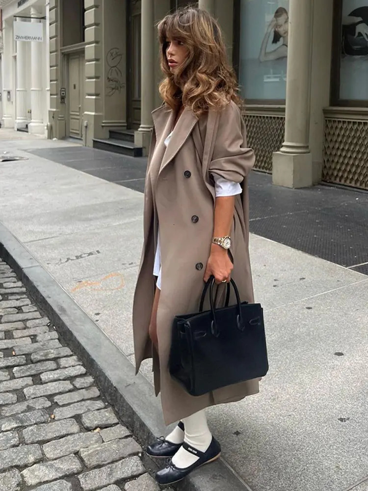 Women's Wool Blends Lapel Collar Long Sleeve Women Long Coat With Scarf Double Breasted Oversized Loose Female Overcoat Chic Autumn Winter Top 23