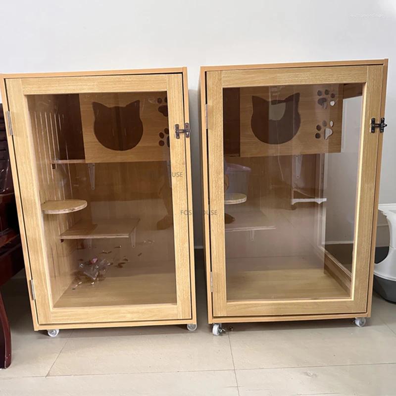 Cat Carriers Modern Solid Wood Villa House Large Free Space Cage Indoor Portable Transparent Supply Bilayer
