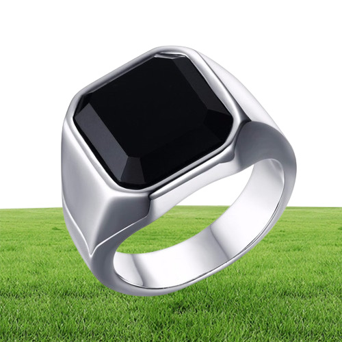 Dignified Black Carnelian Stainless Steel Golden Square Signet Ring for Men Pinky Rings Male Wealth and Rich Status Jewelry