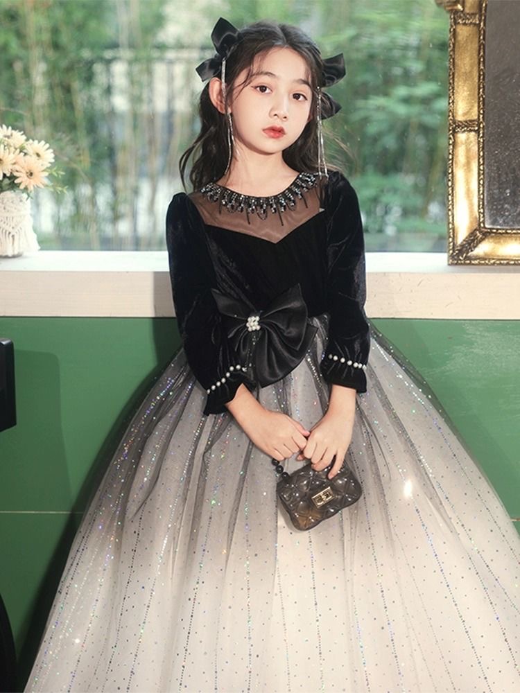 Arabic Crystals Wer Girl Long Sleeve Child Pageant Dresses New Beautiful Little Kids Black Shiny Ball Gown Formal Party Bridesmaid Dress 403 6660311