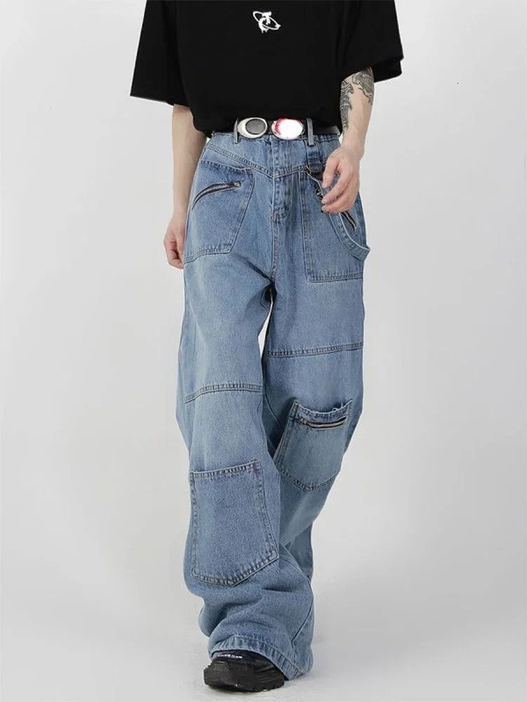 Men's Jeans HOUZHOU Baggy Cargo Jeans Men Denim Wide Leg Trousers Male Oversize Casual Streetwear Hip Hop Pocket Zipper Safari Style 231211