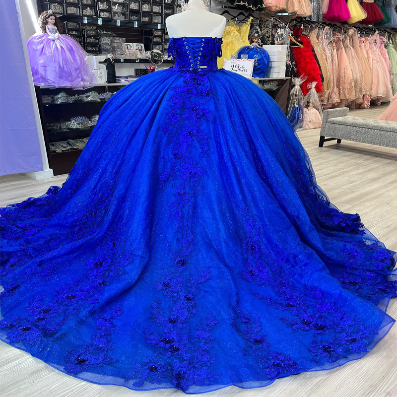 Mexico Royal Blue Shiny Off The Shoulder Ball Gown Quinceanera For Girl Beaded 3D wers Birthday Party Gowns Prom Dresses Sweet 16 Dress Vestidos De 15