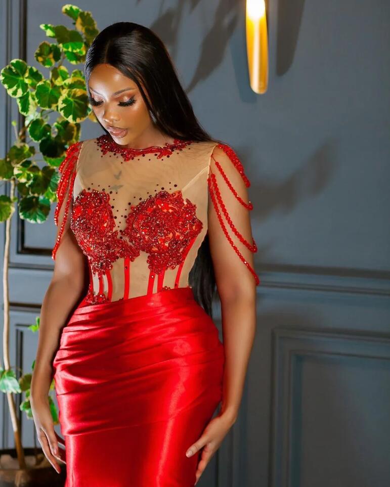 Arabic Aso Ebi Red Mermaid Luxurious Prom Dresses Lace Beaded Crystals Evening Second Reception Birthday Engagement Gowns