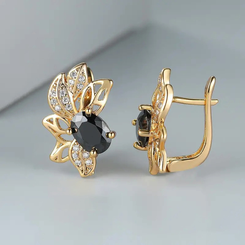 Designer Women's Earrings Classic Crystal Flower Earrings Black Zircon Gold Leaf Earrings Fashion Jewelry