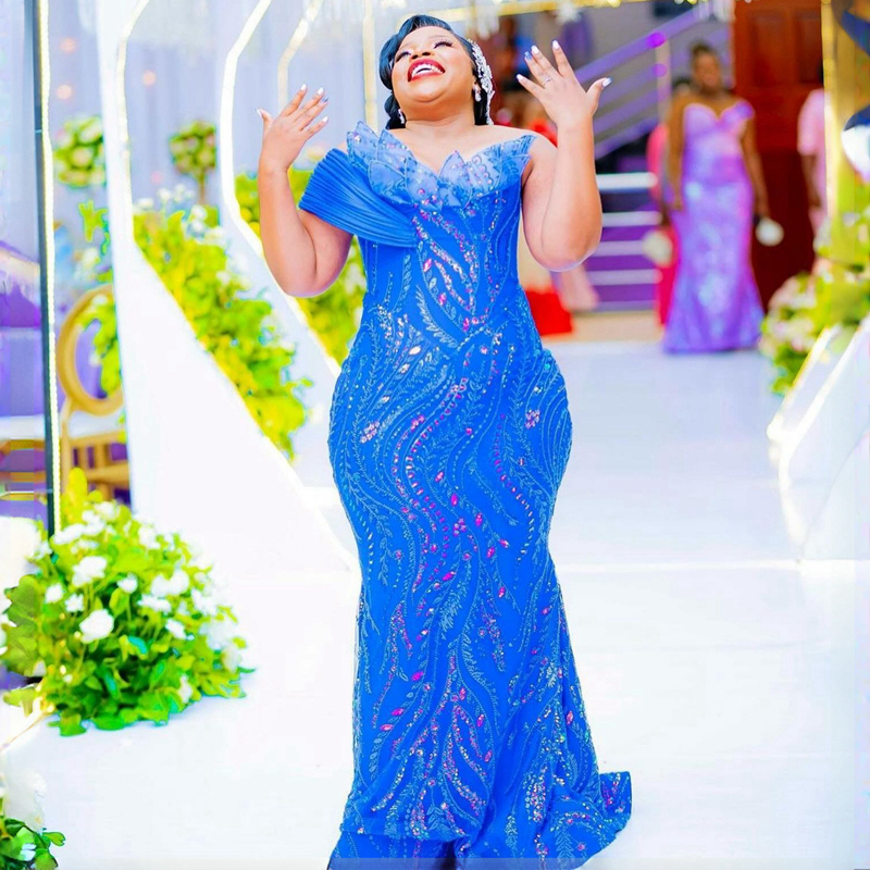 Plus Size Aso Ebi Evening Dresses Mermaid Blue One Shoulder Promdress for Black Women Lace Tulle Prom Birthday Party Gowns Second Reception Engagement