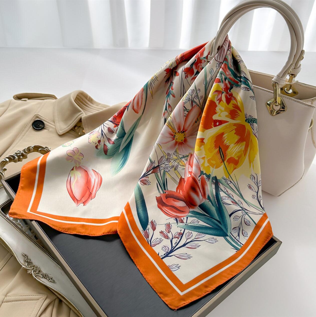 Style 70x70cm Simple Designer Letters Print Floral Silk Scarf Headband Women Fashion Long Handle Bag Scarves Paris Shoulder Tote Lage Ribbon Head Wraps