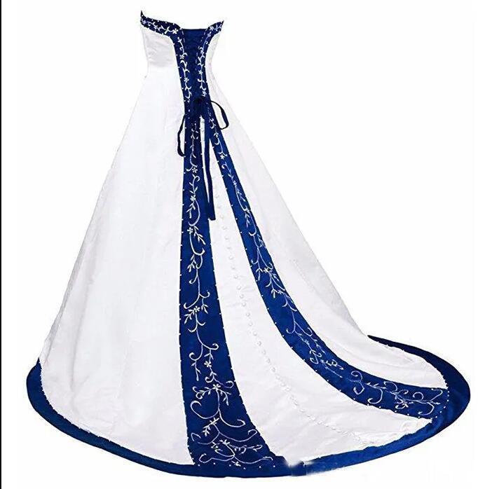 Royal Blue And White corset Wedding Dress 2024 Princess Satin Lace up Back Court Train Long embrodiery Wedding Gown