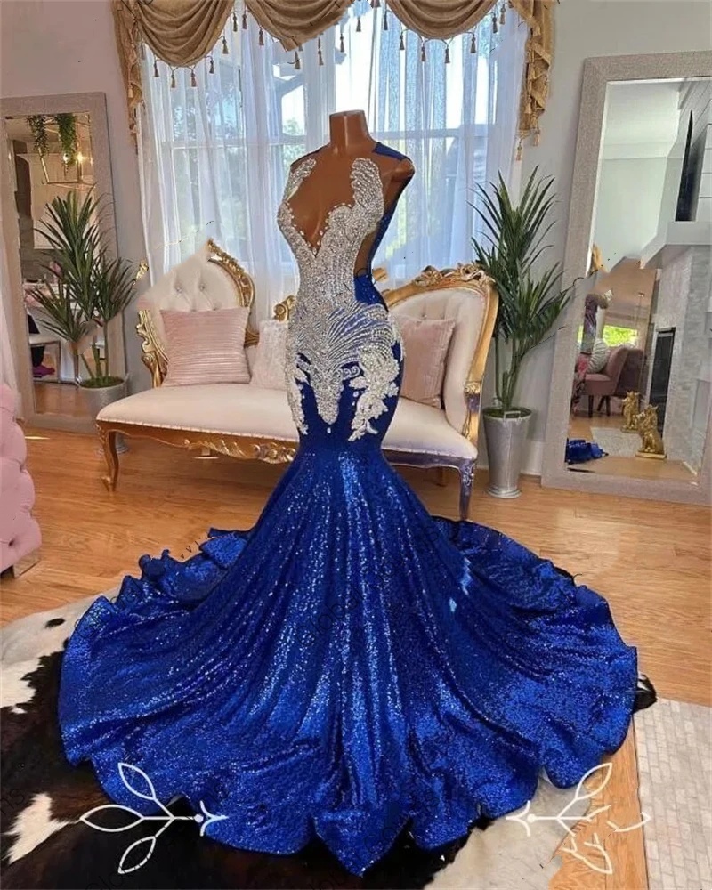 Long Royal Prom Blue Dress for Black Girls 2024 Beaded Rhie Birthday Party Dresses Mermaid Evening Gown Robe De Bal es
