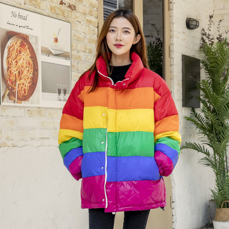 Winter Casual Down Cotton Jacket Women Rainbow Wadded Parka Plus Size Loose Striped Coat Femme Chaqueta Mujer 201127