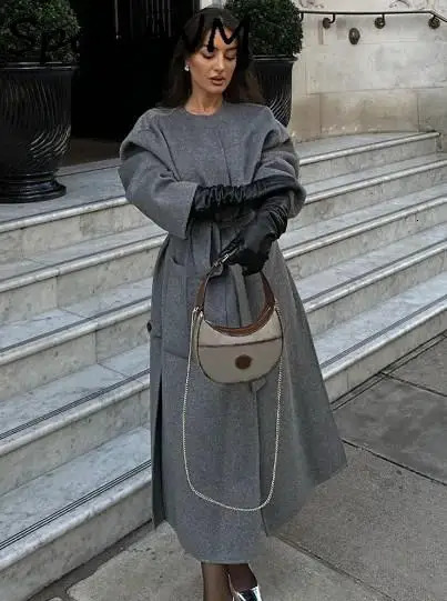 Women's Wool Blends Lapel Collar Long Sleeve Women Long Coat With Scarf Double Breasted Oversized Loose Female Overcoat Chic Autumn Winter Top 23