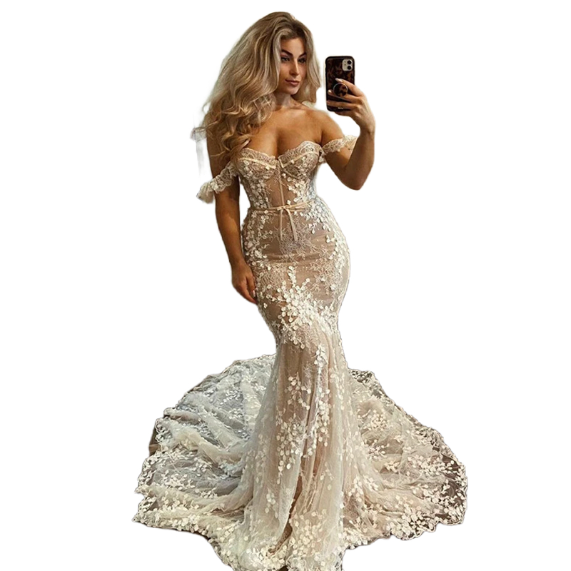 Appliques Boho Lace D Mermaid Wedding Dresses Illusion Nude Lining Sexy Off Shoulder Sweetheart Corset Beach Long Bridal Gowns