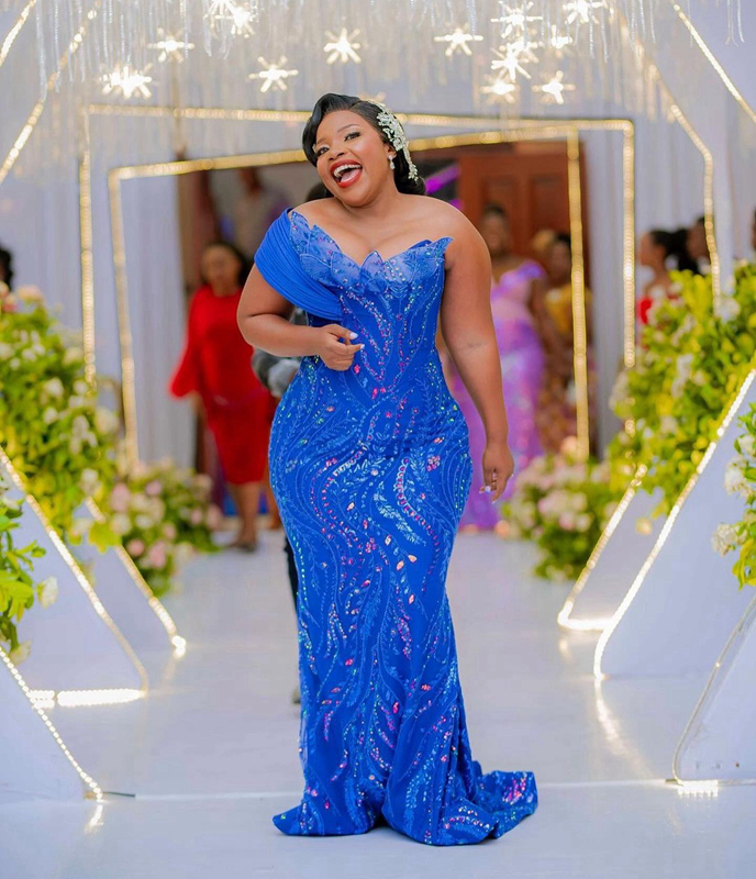 Plus Size Aso Ebi Evening Dresses Mermaid Blue One Shoulder Promdress for Black Women Lace Tulle Prom Birthday Party Gowns Second Reception Engagement