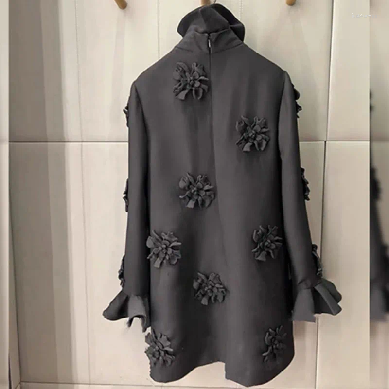 Casual Dresses Black Ruffles Stand Collar Dress Temperament Loose Women Spring Fashion Chic