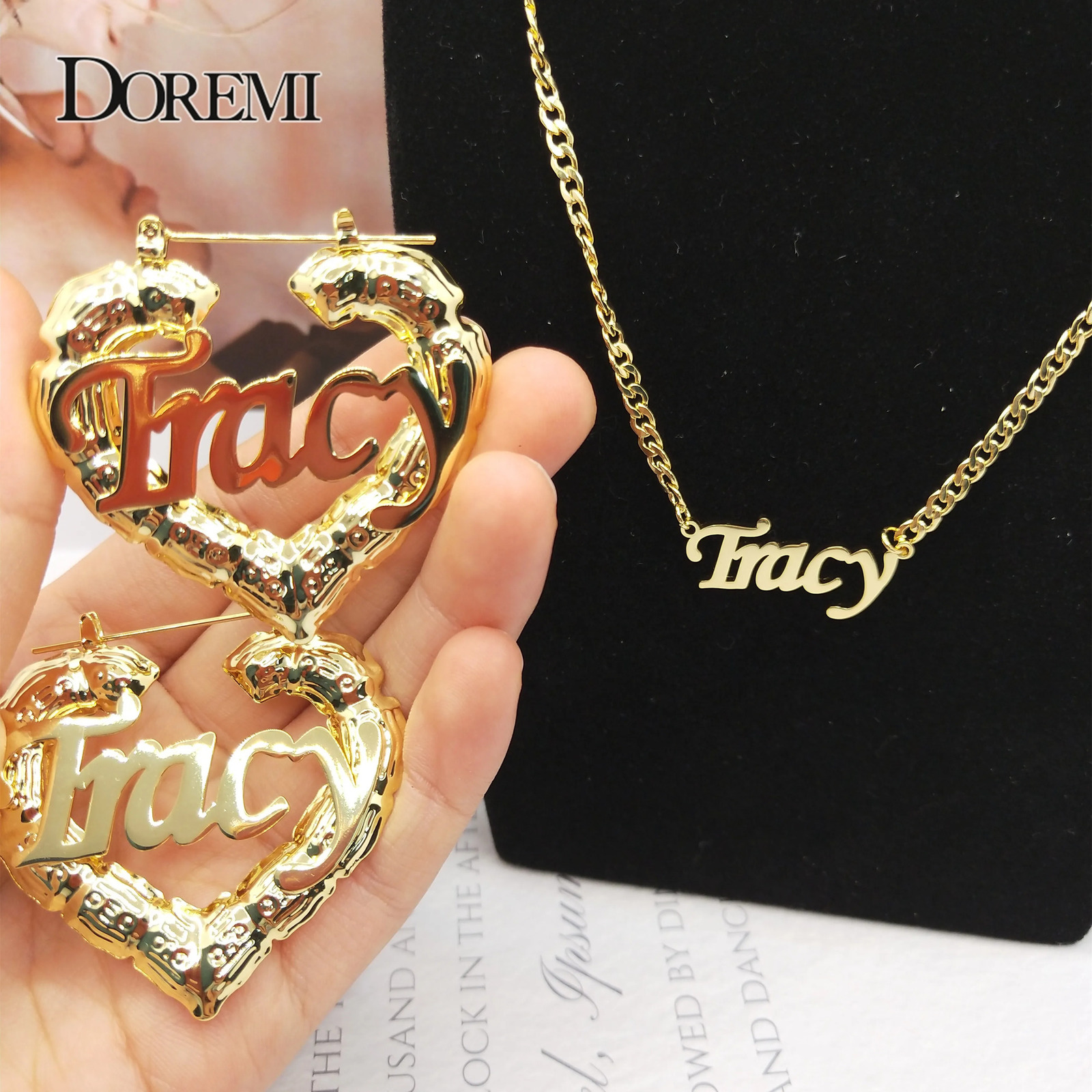Hoop Huggie DOREMI Name Earrings and Necklace set Heart Bamboo Earrings M Cuban Chain Custom Bamboo HoopLetter Personalised Name Earrings 231208