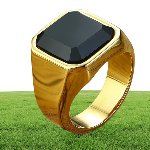 Dignified Black Carnelian Stainless Steel Golden Square Signet Ring for Men Pinky Rings Male Wealth and Rich Status Jewelry