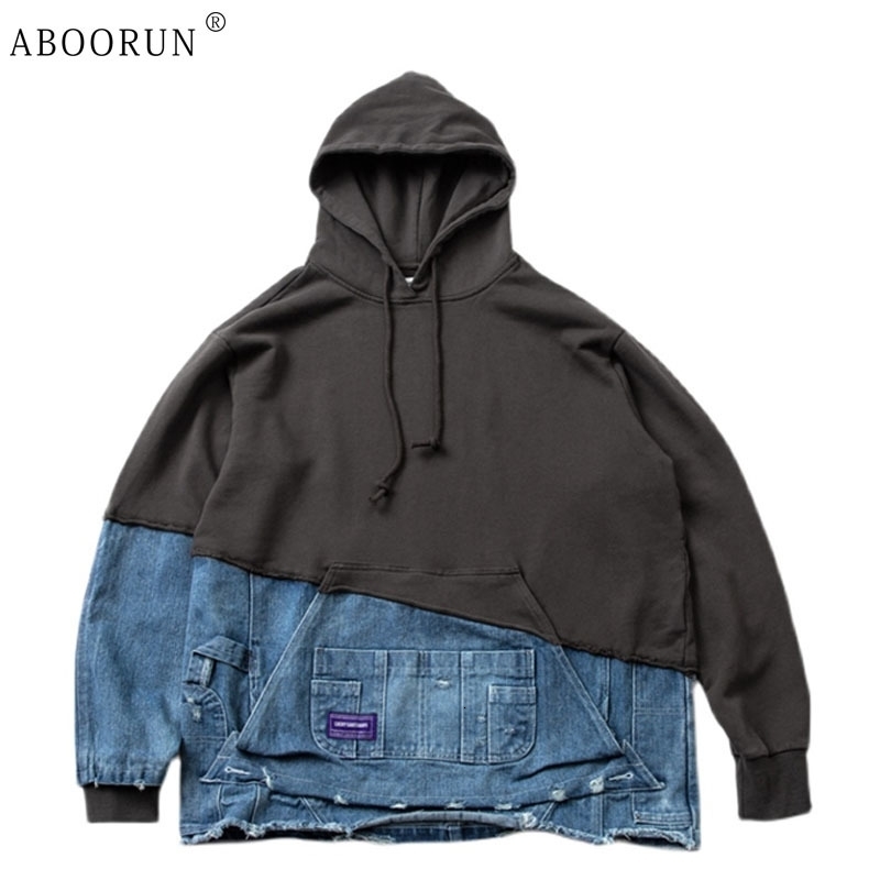 Men's Hoodies Sweatshirts ABOORUN Men's Fashion Denim Patchwork Sweatshirts Hi Street Broken Hole Pullover Hoodies for Male 231208