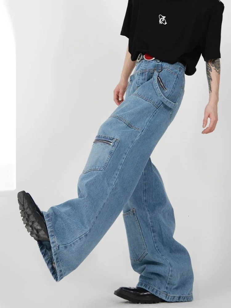 Men's Jeans HOUZHOU Baggy Cargo Jeans Men Denim Wide Leg Trousers Male Oversize Casual Streetwear Hip Hop Pocket Zipper Safari Style 231211