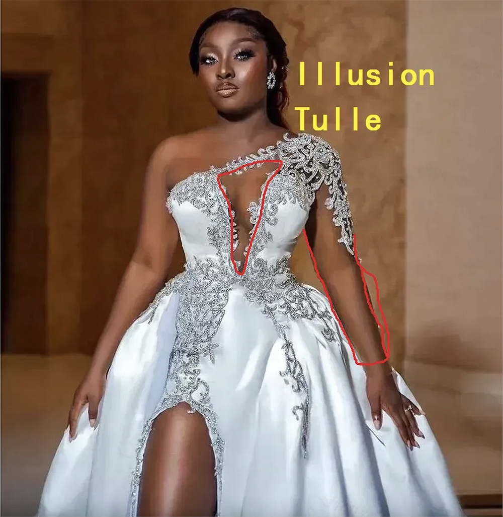 Shoulder One Satin A Line Wedding Dresses with Sweep Train Beading Lace Side High Slit Sexy Vestidos De Novia African Long Sleeve Bridal Gowns for Bri