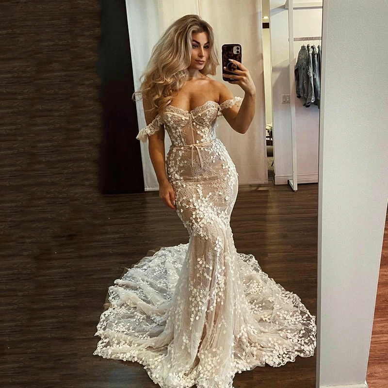 Appliques Boho Lace D Mermaid Wedding Dresses Illusion Nude Lining Sexy Off Shoulder Sweetheart Corset Beach Long Bridal Gowns