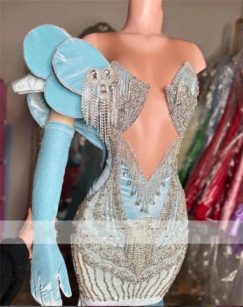 Dias Sparkly Mermaid Prom Dress Blue Veet Glitter Bead Crystals Rhies Birthday Party Gown Robe Reception Gowns S
