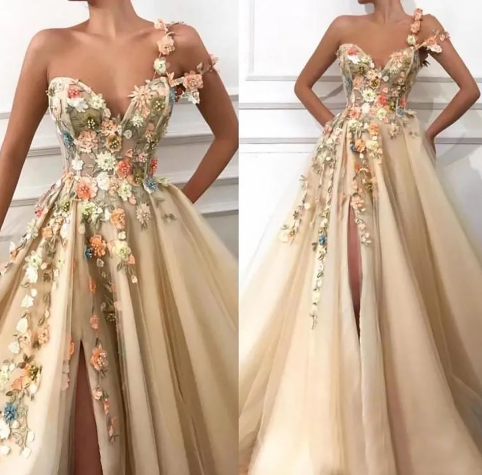 Evening Dresses Champagne Prom Gown Party Formal A Line Applique Beaded Custom Plus Size Zipper Lace Up New One-Shoulder Sleeveless Tulle Thigh-High S