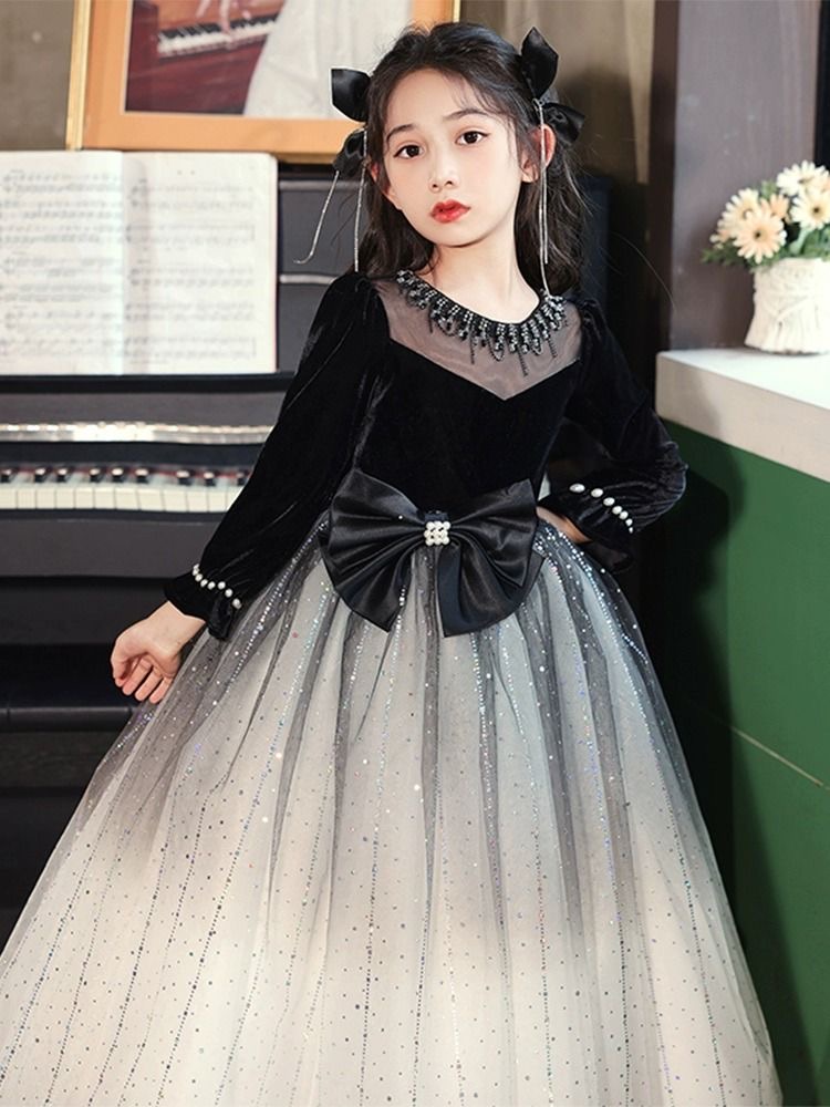 Arabic Crystals Wer Girl Long Sleeve Child Pageant Dresses New Beautiful Little Kids Black Shiny Ball Gown Formal Party Bridesmaid Dress 403 6660311
