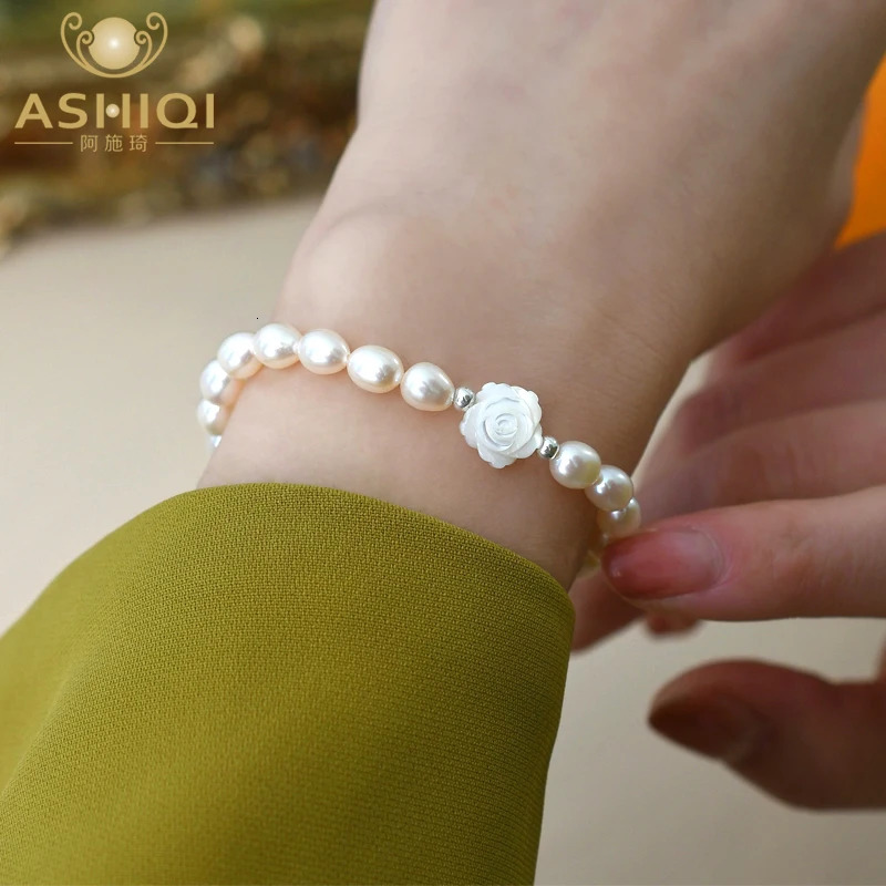 Beaded ASHIQI Natural Freshwater Pearl Shell Flower Bracelet 925 Sterling Silver Fashion Jewelry for Girl 231208