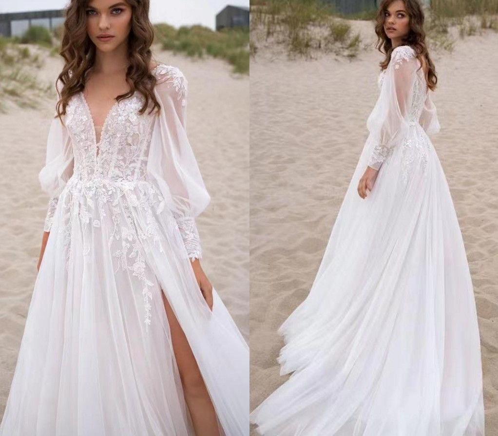 2024 Summer Boho Wedding Dress V-neck Backless Lace Appliques A-line Tulle Bridal Party Gown Custom Made For Woman Vestido De Noiva Robe Mariage