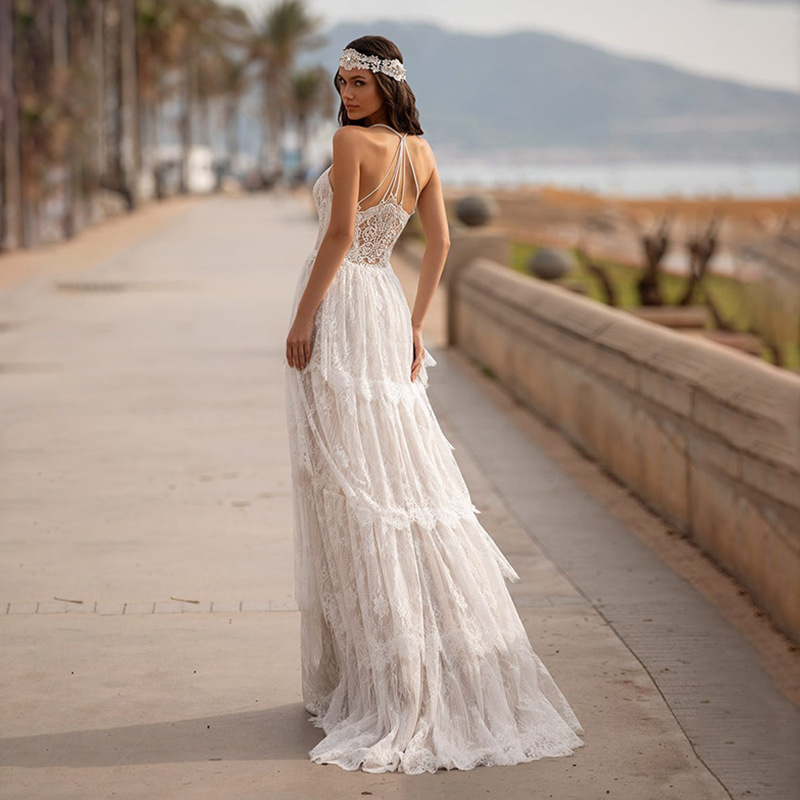 2024 Elegant Boho Lace Wedding Dress Halter Sheer Lace Appliques Sleeveless Tiered A-line Bride Party Gown For Woman Vestido De Noiva Robe Mariage