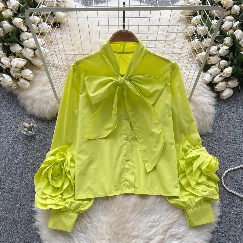 Womens Blouses Vintage Solid Women Single Breasted Shirt Long Sleeve Bow Neck Office Lady Elegant Female Fashion Clothes 2023 Autumn