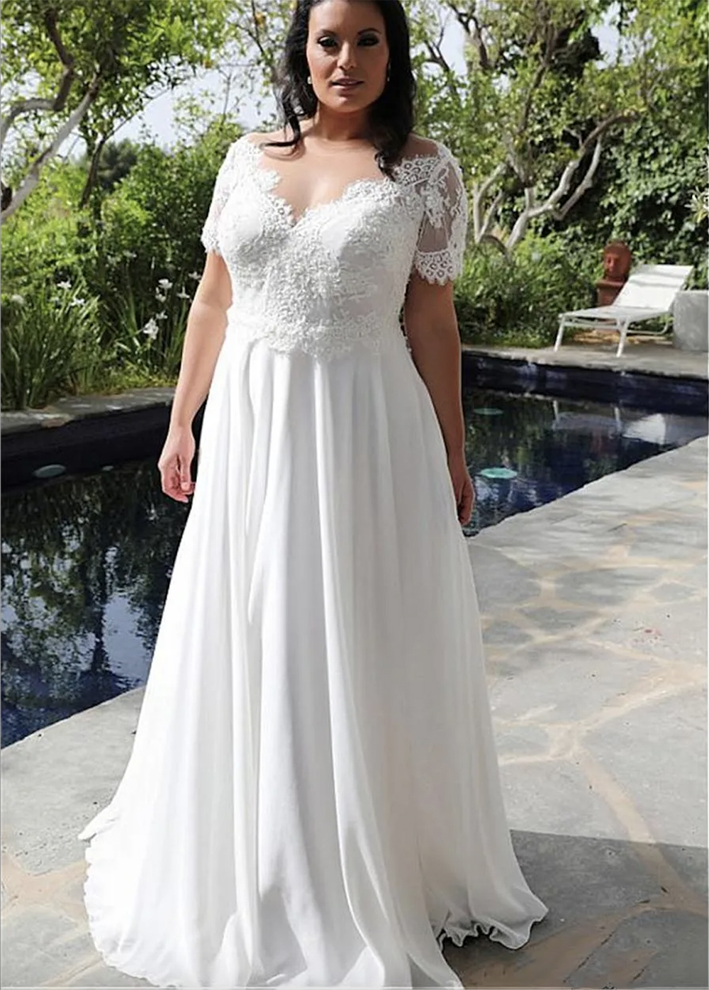 Plus Size Chiffon Wedding Dresses Sheer V Neck Lace Appliqued Bridal Gowns A Line Short Sleeve Wedding Dress robe de mariee
