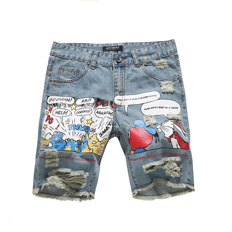 Supzoom Arrival Fashion Animation Cartoon Print Light Ulzzang Summer Zipper Fly Stoashed Jeans Shorts Men 220711