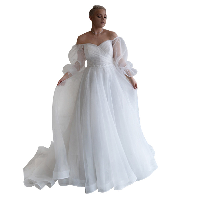 Plus Size New Wedding Dress 2024 Off the Shoulder Pleats Beads Sash Organza A-line Bridal Party Gowns Women Robe De Mariee Vestido De Noiva