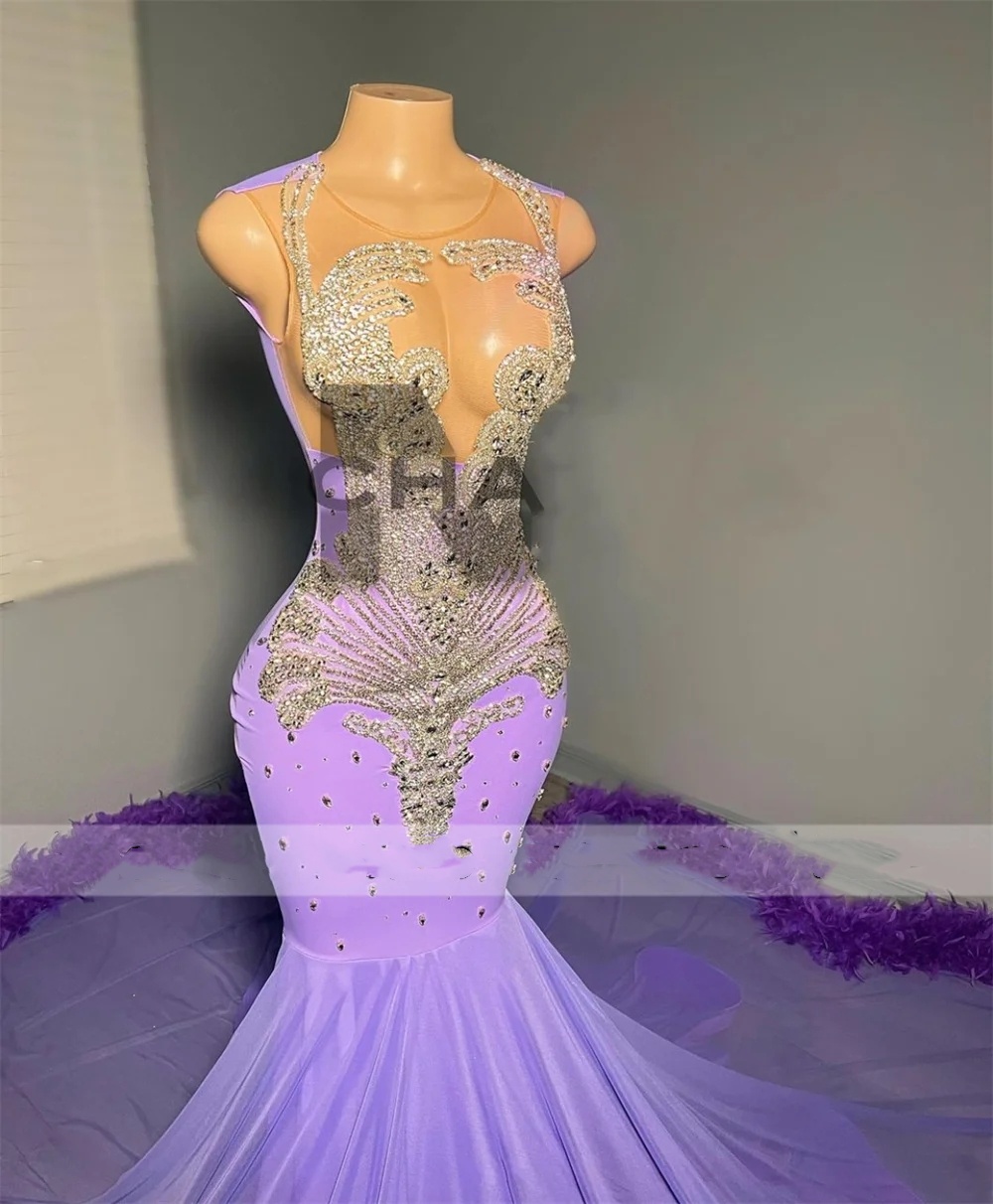 Light Purple Feathers Mermaid Prom 2024 For Black Girls Crystal Beaded Party Gowns Evening Dresses