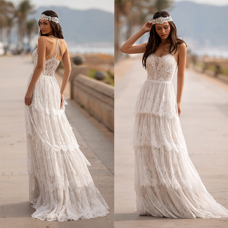 2024 Elegant Boho Lace Wedding Dress Halter Sheer Lace Appliques Sleeveless Tiered A-line Bride Party Gown For Woman Vestido De Noiva Robe Mariage