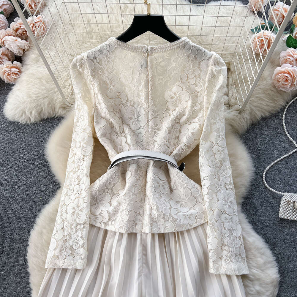 Basic Casual Dresses Luxury Embroidery Hollow Out Lace Dress For Women Autumn Runway Long Sleeve Belt Holiday Party Pleated Vestidos Robes 2024