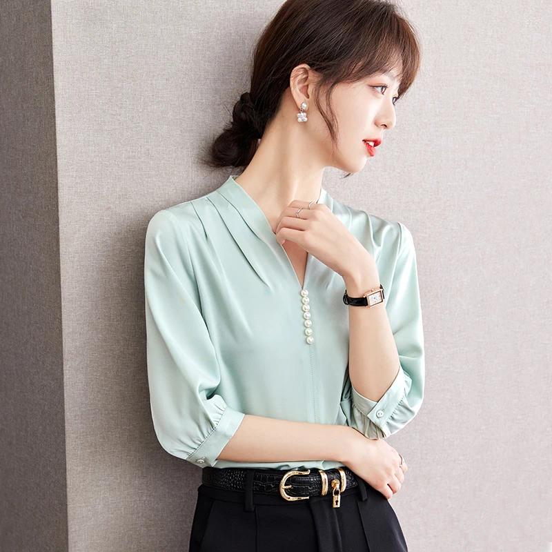 Womens Blouses Korean Short Sleeved V-neck Shirts Summer Thin Solid Color Versatile Fashion Casual Tops Women Shirt