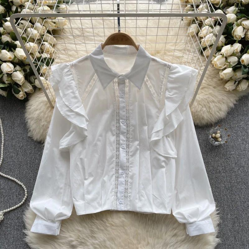 Womens Blouses French Chic Women Blouse Sales Flounced Edge Striped Turn-down Collar Long Puff Sleeve Shirts Autumn Casual Female Tops