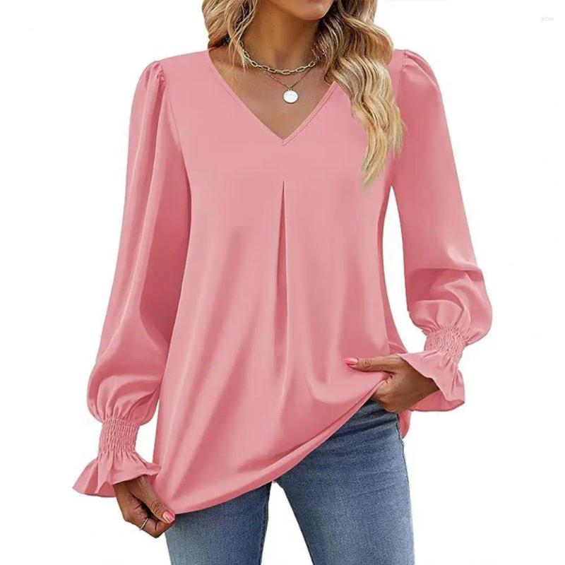 Womens Blouses Women Fall Spring Top V Neck Long Bubble Sleeve Shirt Stylish Solid Color Shirring Ruffle Pullover Soft Commute Lady Blouse