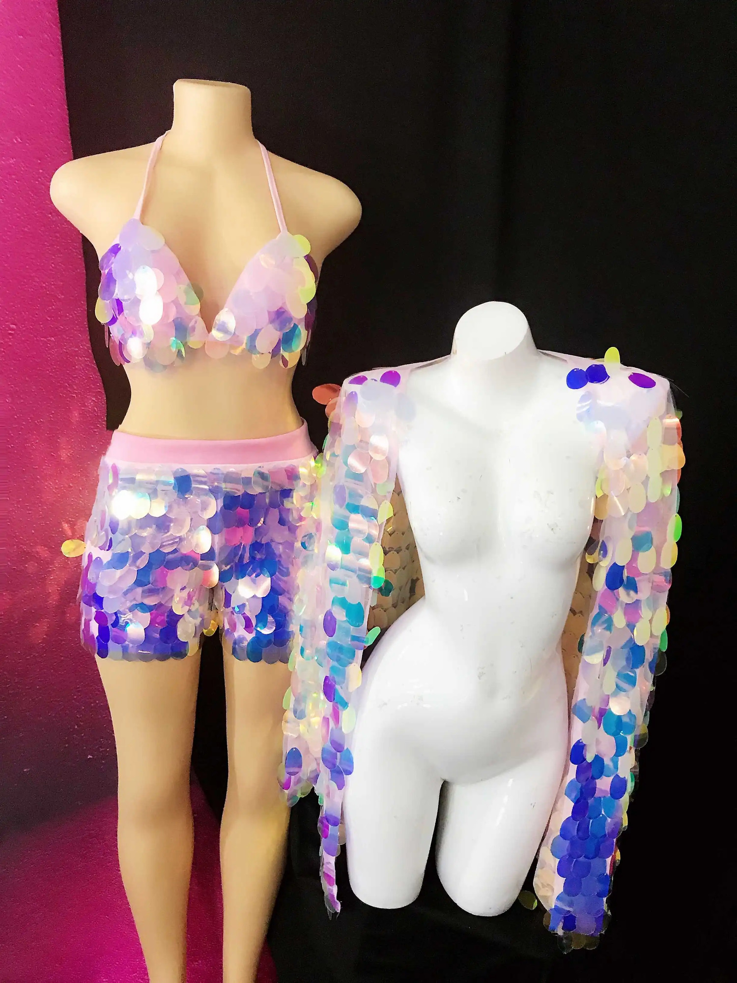 Intimates Accessories PinkPurpleBraShortsCoat Shining Sequin 3 Pieces Set Lady Singer Dancer Stage Outfit Bar Nightclub Performance Dance Costume 2312