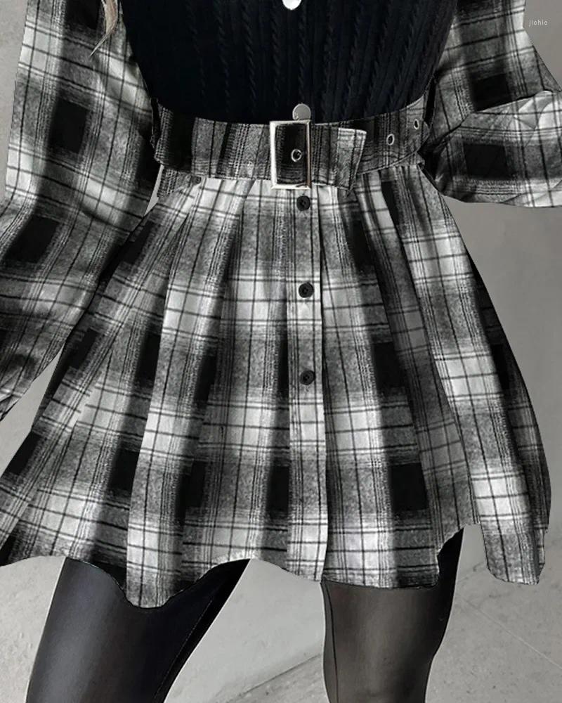 Womens Blouses Turn Down Collar Print Plaid Shirts Women Single Breasted Tight High Waist Belt Full Sleeve Loose Casual Splice Shirt Autumn