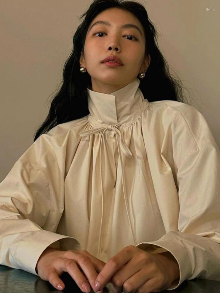 Womens Blouses Korobov Korean Chic Shirts Autumn French Niche Stand Collar Lapel Two Wear Design Tie Bow Loose Long-sleeved Women Shirt