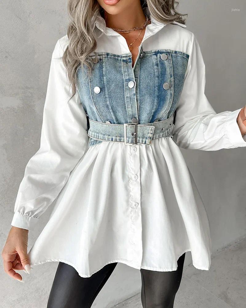 Womens Blouses Turn Down Collar Print Plaid Shirts Women Single Breasted Tight High Waist Belt Full Sleeve Loose Casual Splice Shirt Autumn