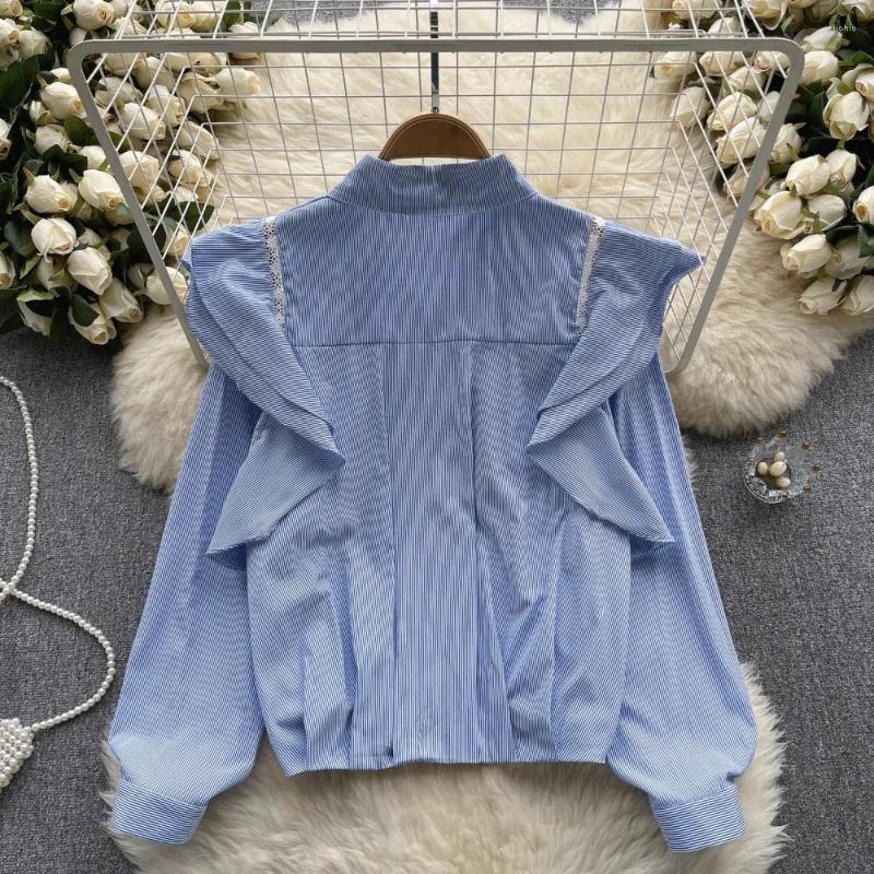 Womens Blouses French Chic Women Blouse Sales Flounced Edge Striped Turn-down Collar Long Puff Sleeve Shirts Autumn Casual Female Tops
