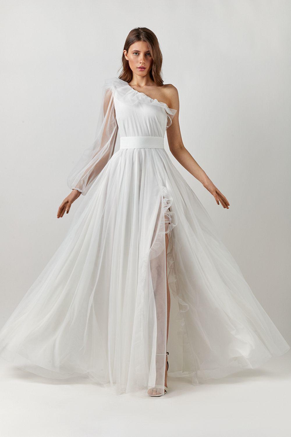 2024 Summer Boho Wedding Dress One Shoulder Long Sleeves Silt Ruffles A-line Tulle Bridal Party Gown Custom Made For Woman Vestido De Noiva Robe Maria