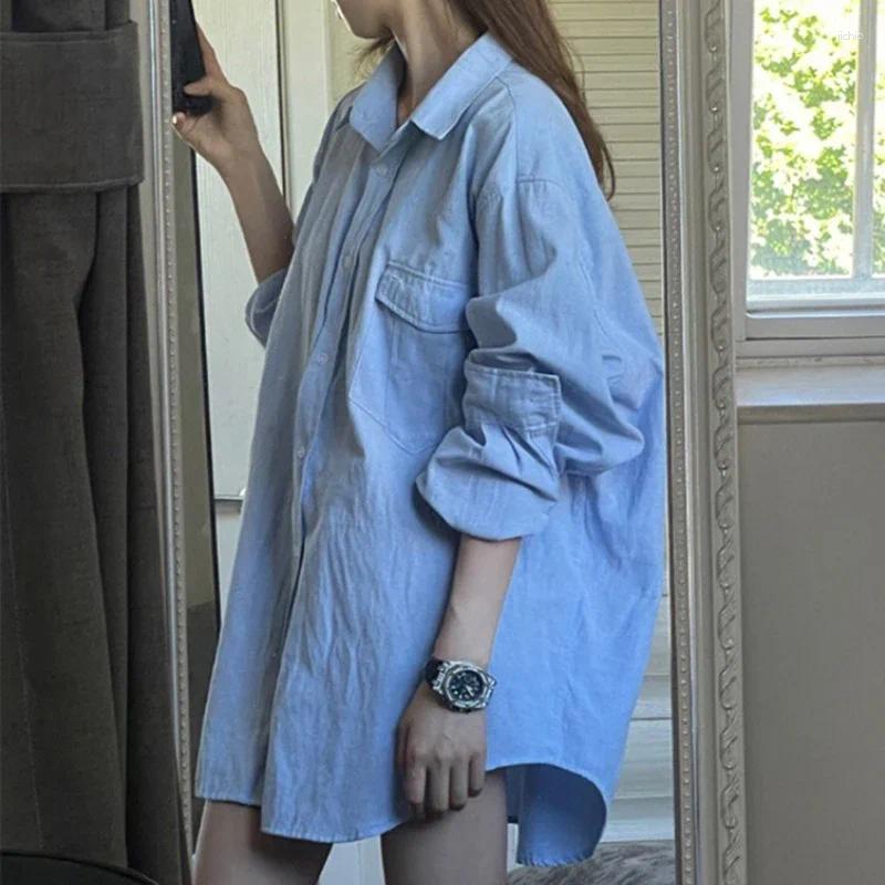 Womens Blouses Autumn Buttons Blue Cotton Blouse Women Fashion Long Sleeve Loose Casual Shirt Office Lady Elegant Solid Tops Blusas 29950