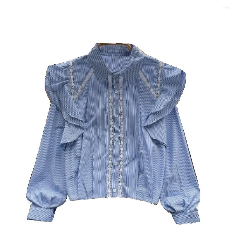 Womens Blouses French Chic Women Blouse Sales Flounced Edge Striped Turn-down Collar Long Puff Sleeve Shirts Autumn Casual Female Tops