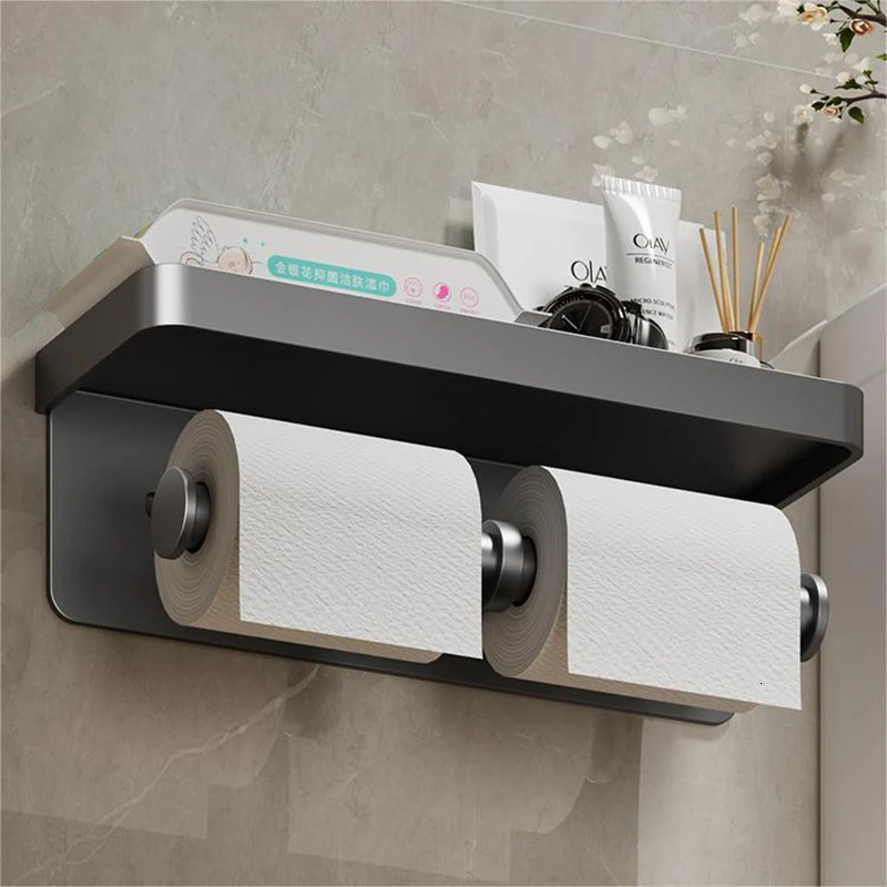 Toilet Paper Holders Aluminum Alloy Toilet Paper Holder Bathroom Wall Mount WC Paper Phone Holder Shelf Towel Roll shelf Accessories 231212